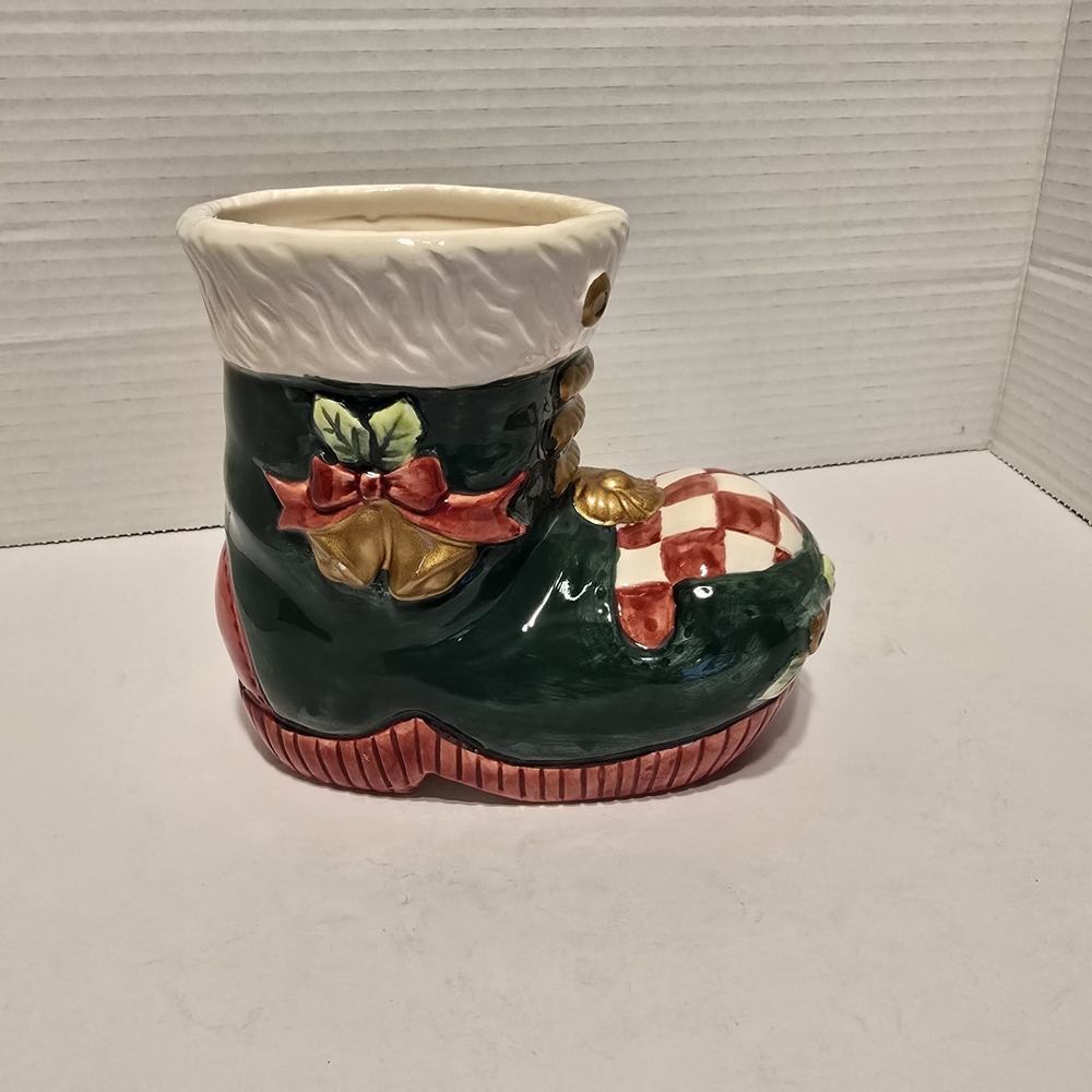 Vintage Christmas Santa Boot Ceramic Planter Candy Dish Green Red Checkered Bell